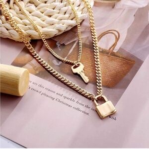 Gold 14k Gold Plated 2pc Lock & Key Chain Necklace Set
